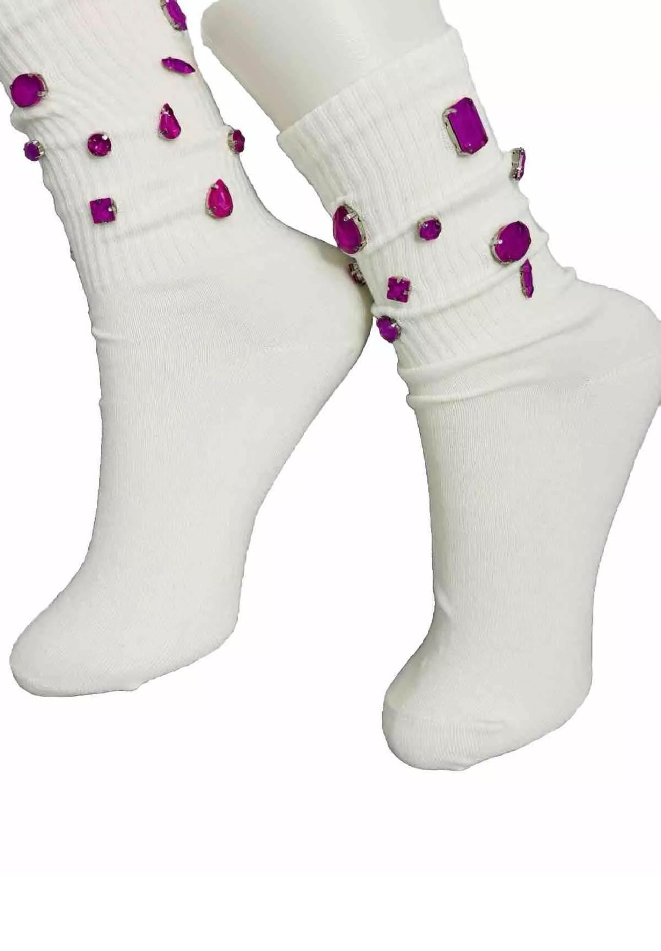 Magenta Rhinestone Crew Socks, Women's Bling Gemstone Socks (Size 6-10)