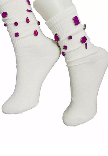 Magenta Rhinestone Crew Socks, Women's Bling Gemstone Socks (Size 6-10)