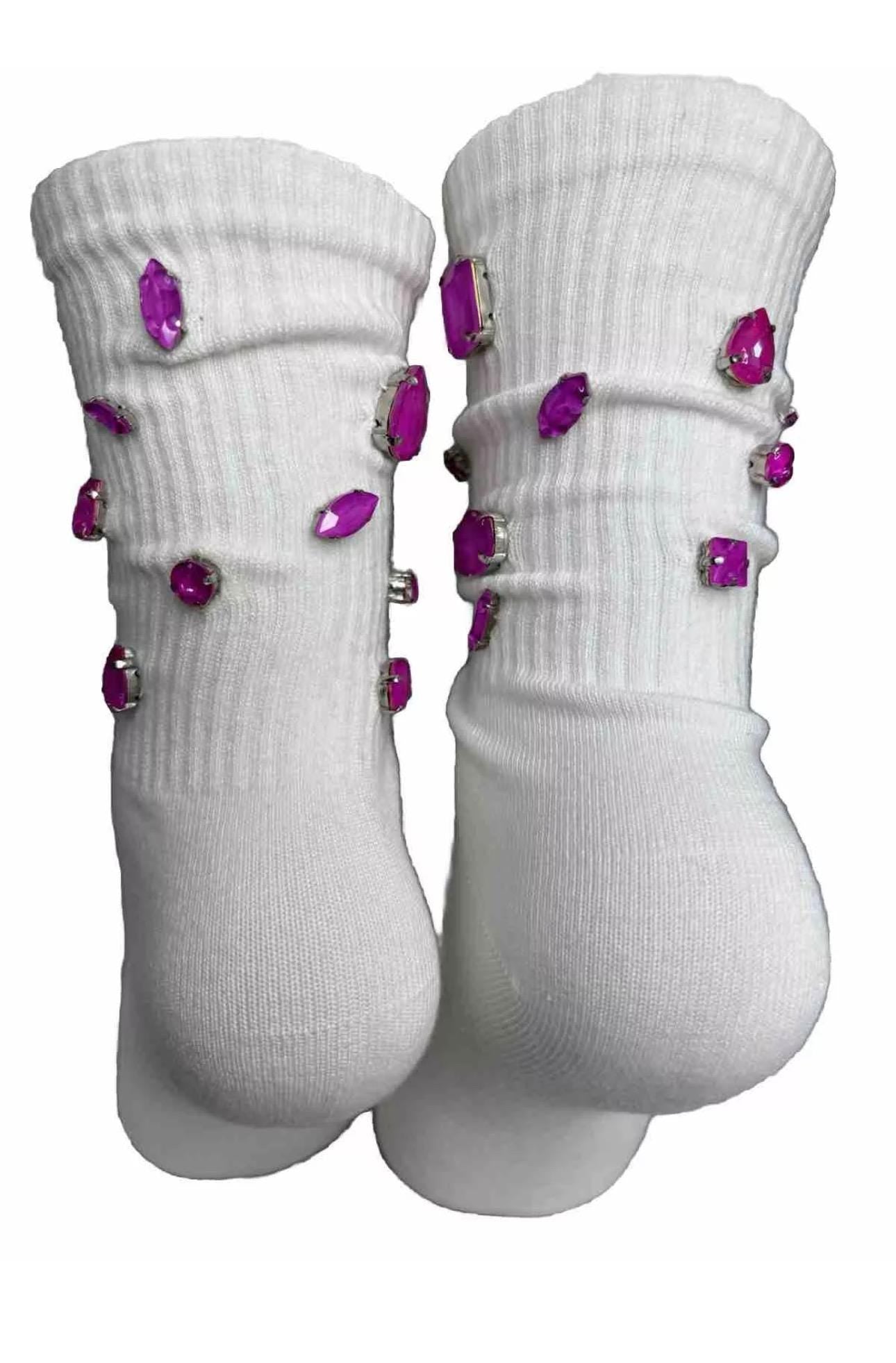 Magenta Rhinestone Crew Socks, Women's Bling Gemstone Socks (Size 6-10)