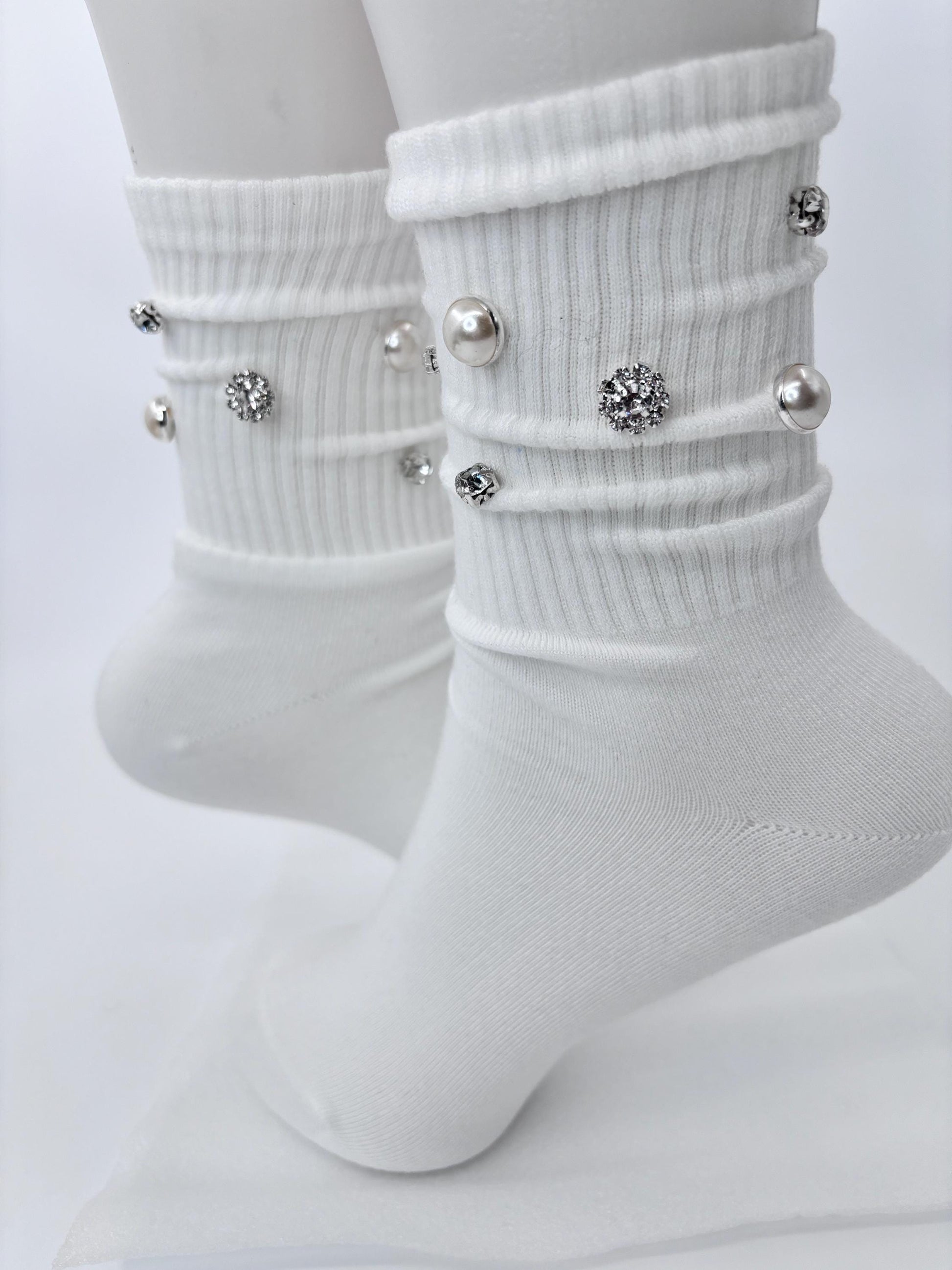 Pearl A Initial Socks (6-10) | Hand-Sewn Silver Rhinestones