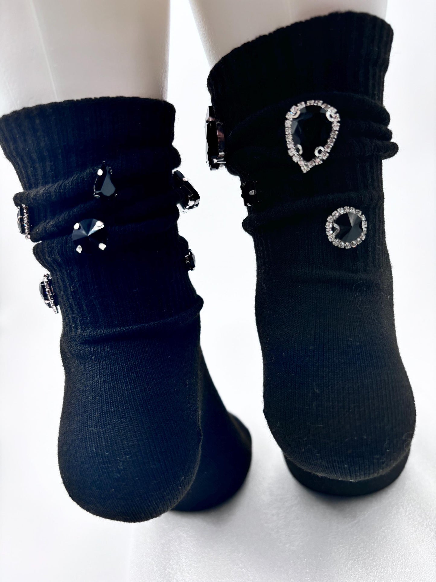 Hand Sewn Rhinestone Black Socks - Glamour Gift (Size 6-10)