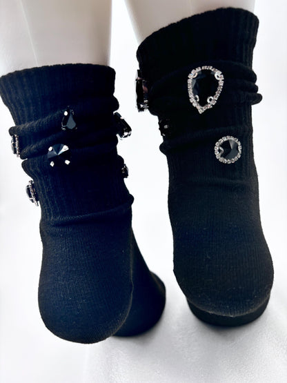 Hand Sewn Rhinestone Black Socks - Glamour Gift (Size 6-10)