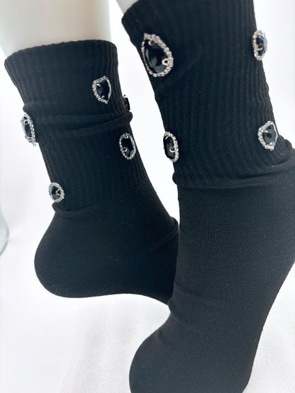 Hand Sewn Rhinestone Black Socks - Glamour Gift (Size 6-10)