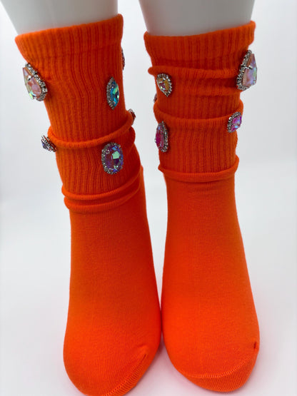 Orange Rhinestone Socks | Blinged-Out Gem Socks (Size 6-10)