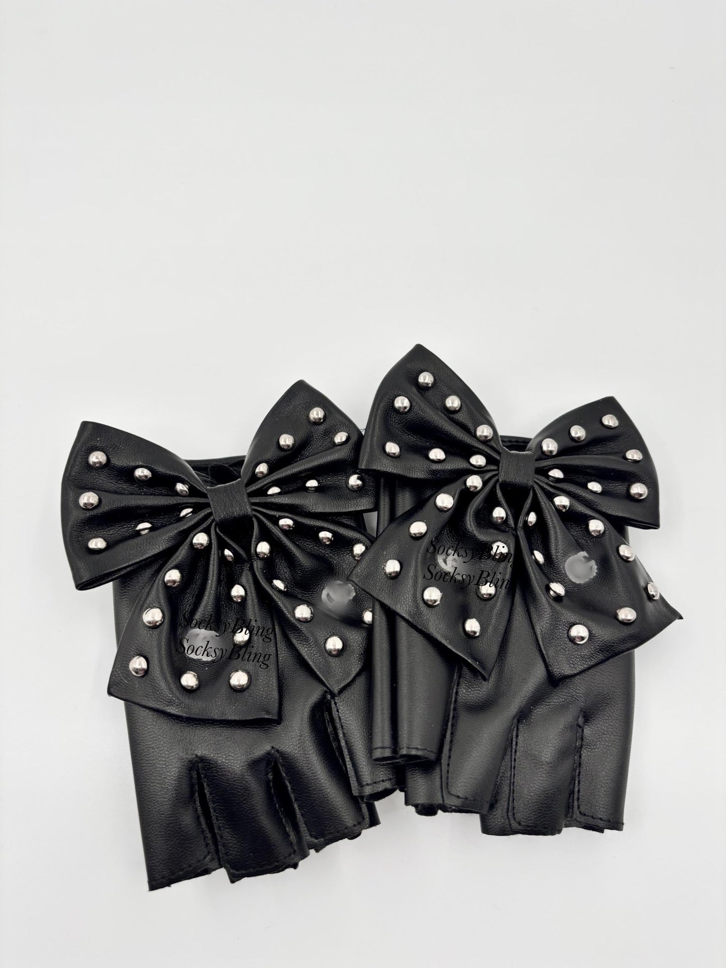 Studded Bow Fingerless Faux Leather Gloves, Elegant Fashion