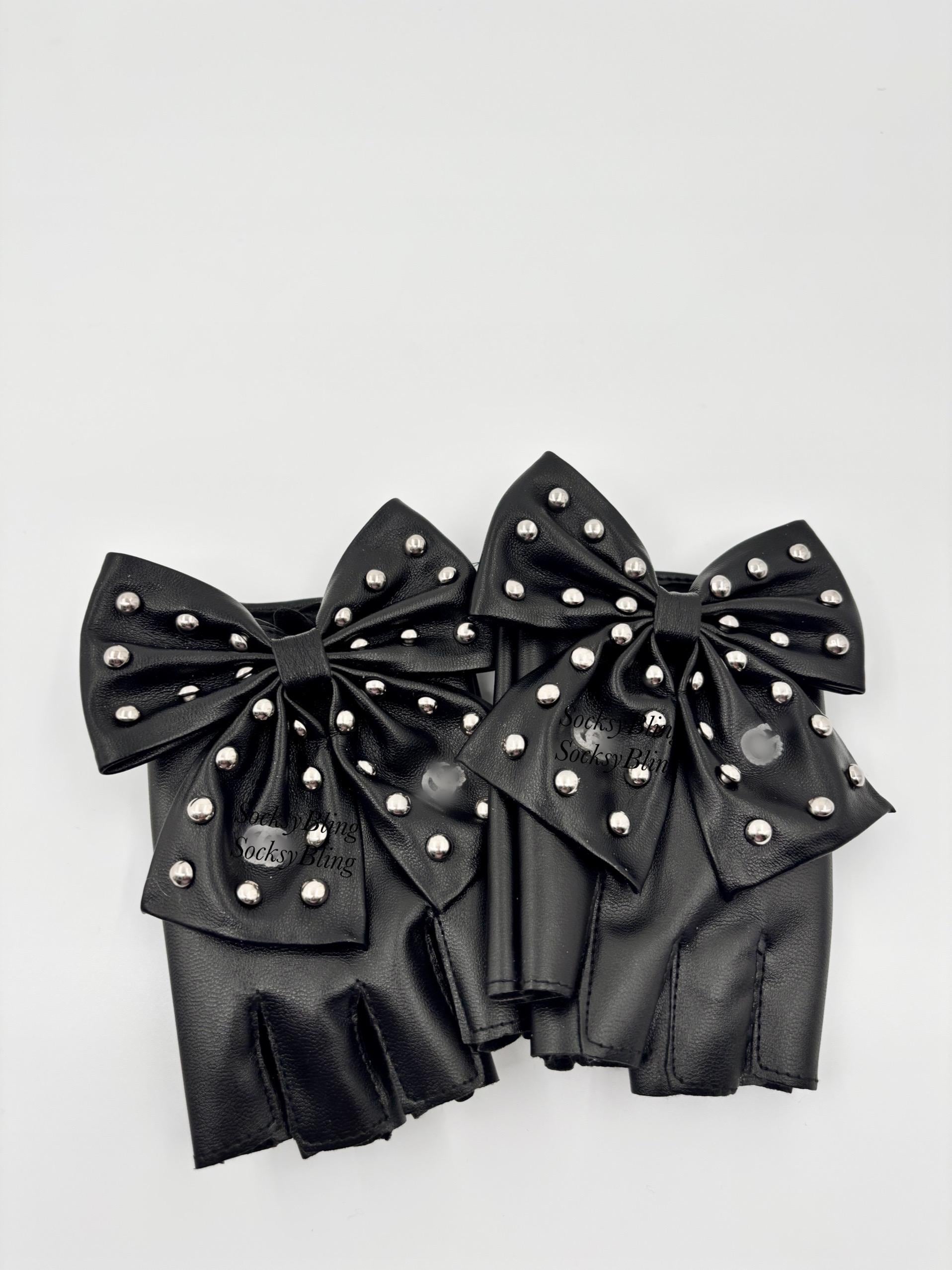 Studded Bow Fingerless Faux Leather Gloves, Elegant Fashion