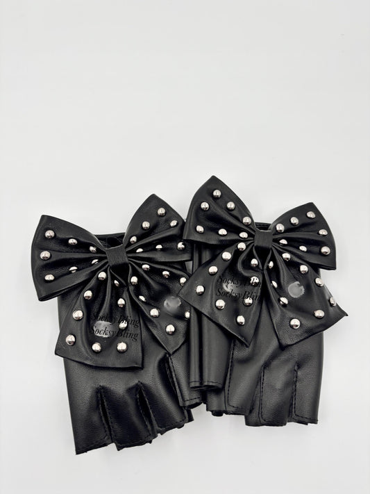 Studded Bow Fingerless Faux Leather Gloves, Elegant Fashion