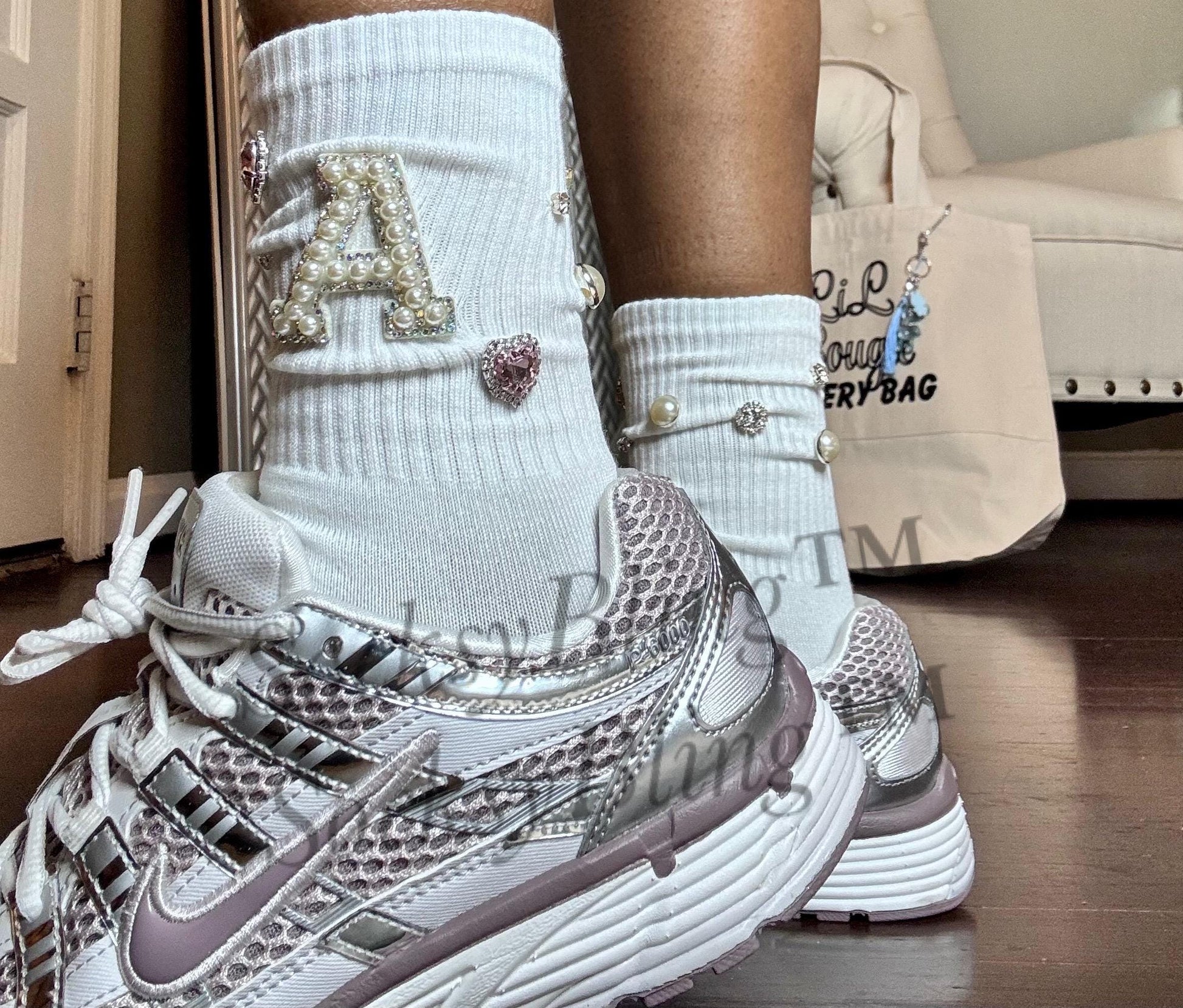 Pearl A Initial Socks (6-10) | Hand-Sewn Silver Rhinestones
