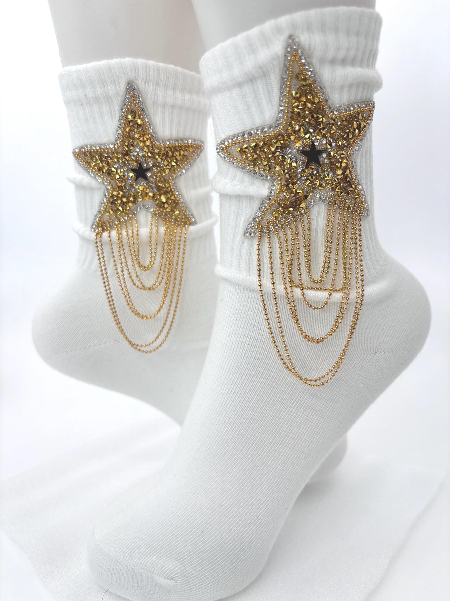 Gold Beaded Star Women's Socks | Rhinestone Detail (Size 6-10)