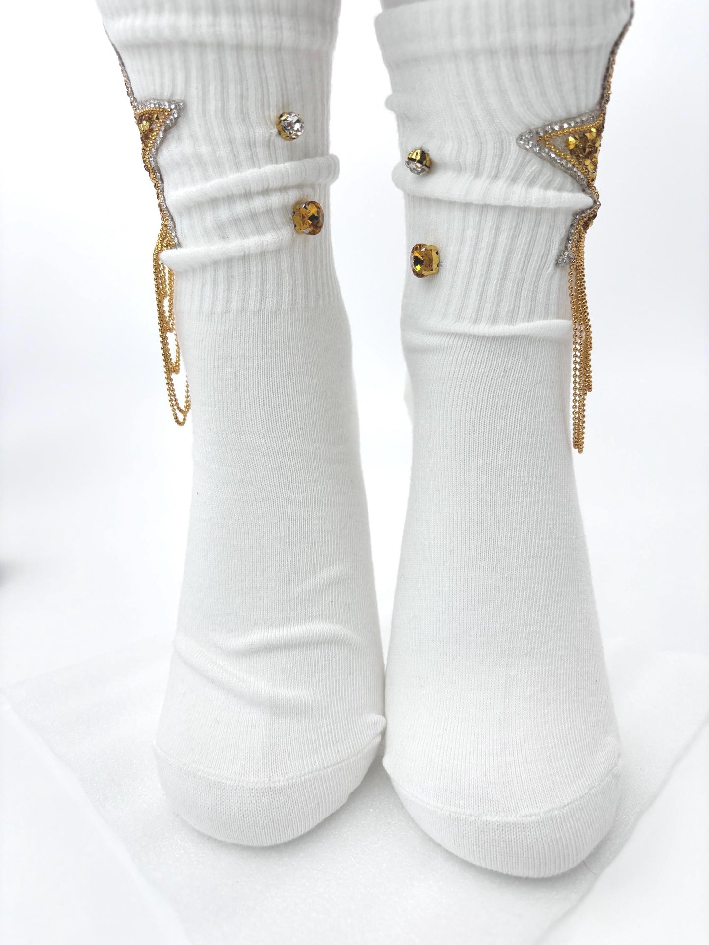 Gold Beaded Star Women's Socks | Rhinestone Detail (Size 6-10)