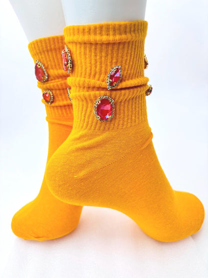 Blinged- Out SunnyD Rhinestone socks 6-10, Hand-Sewn Gems, Orange, Crew socks