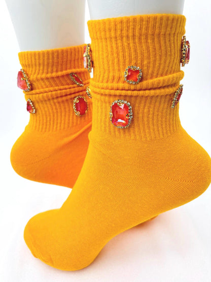 Blinged- Out SunnyD Rhinestone socks 6-10, Hand-Sewn Gems, Orange, Crew socks