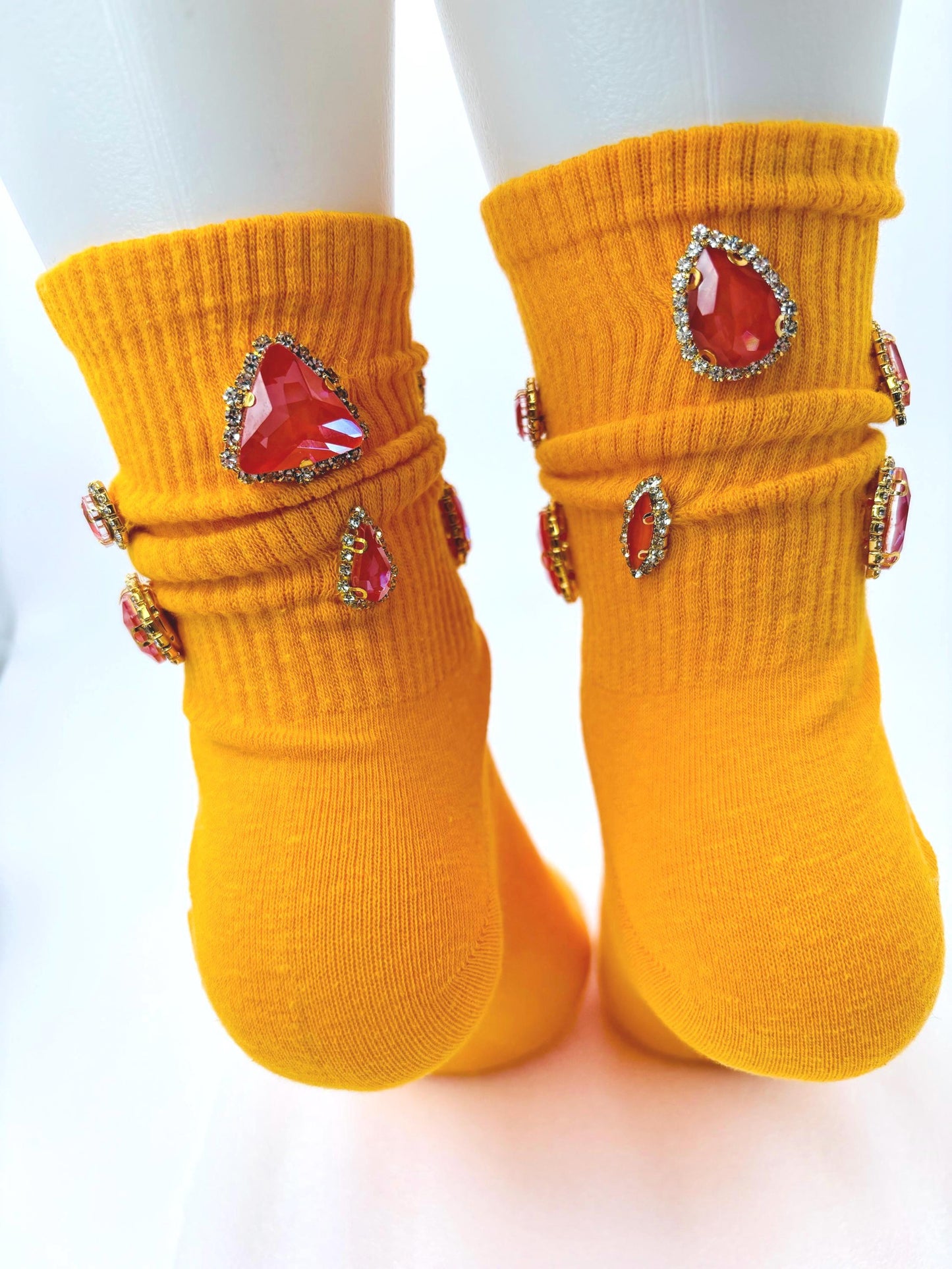 Blinged- Out SunnyD Rhinestone socks 6-10, Hand-Sewn Gems, Orange, Crew socks