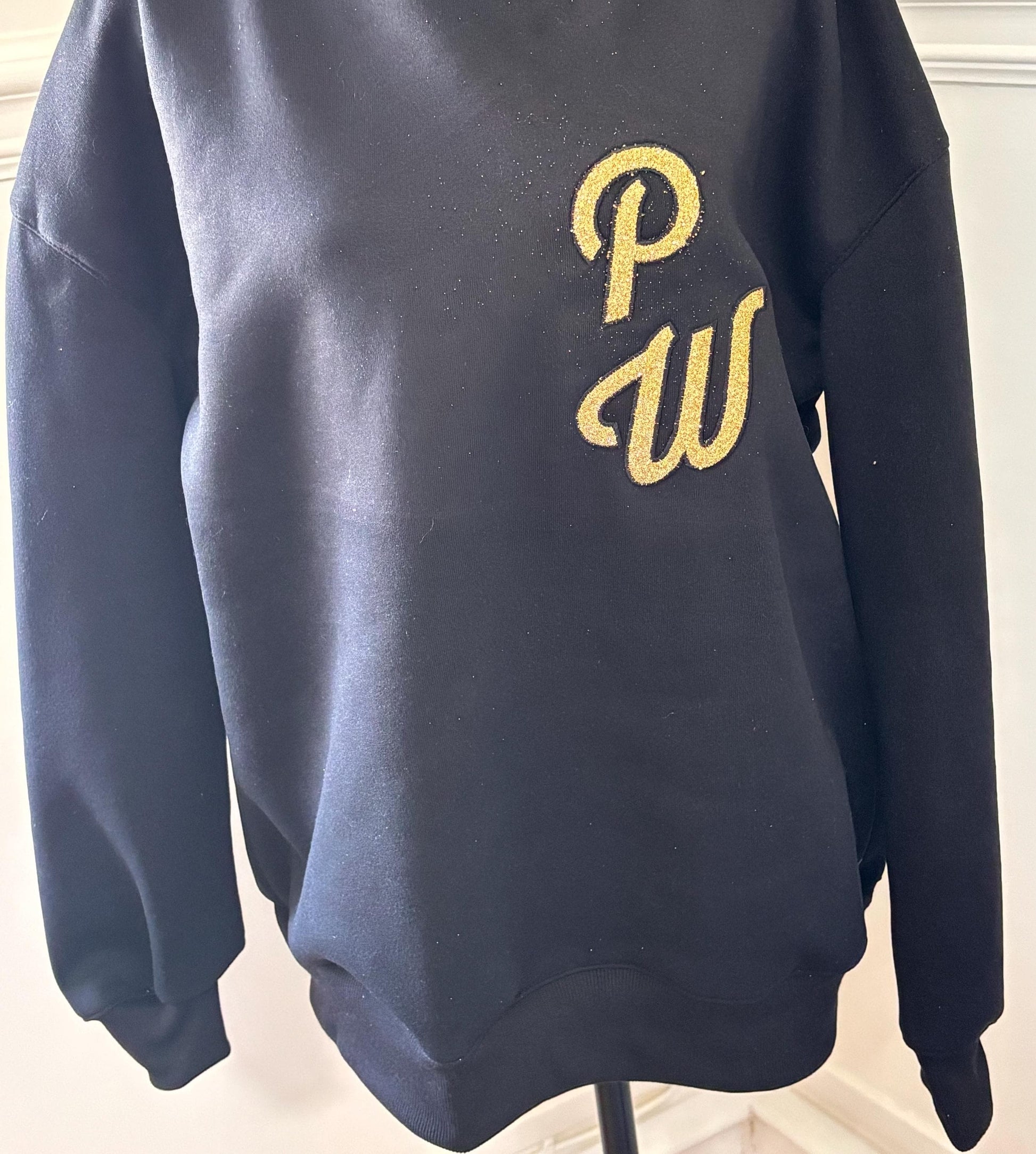 Custom Glitter Initial Sweatshirt - Hand-Stitched Satin Border - Personalized Oversized Glitter Monogram Pullover -Mixed Media Crew