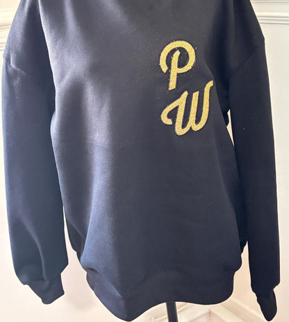 Custom Glitter Initial Sweatshirt - Hand-Stitched Satin Border - Personalized Oversized Glitter Monogram Pullover -Mixed Media Crew