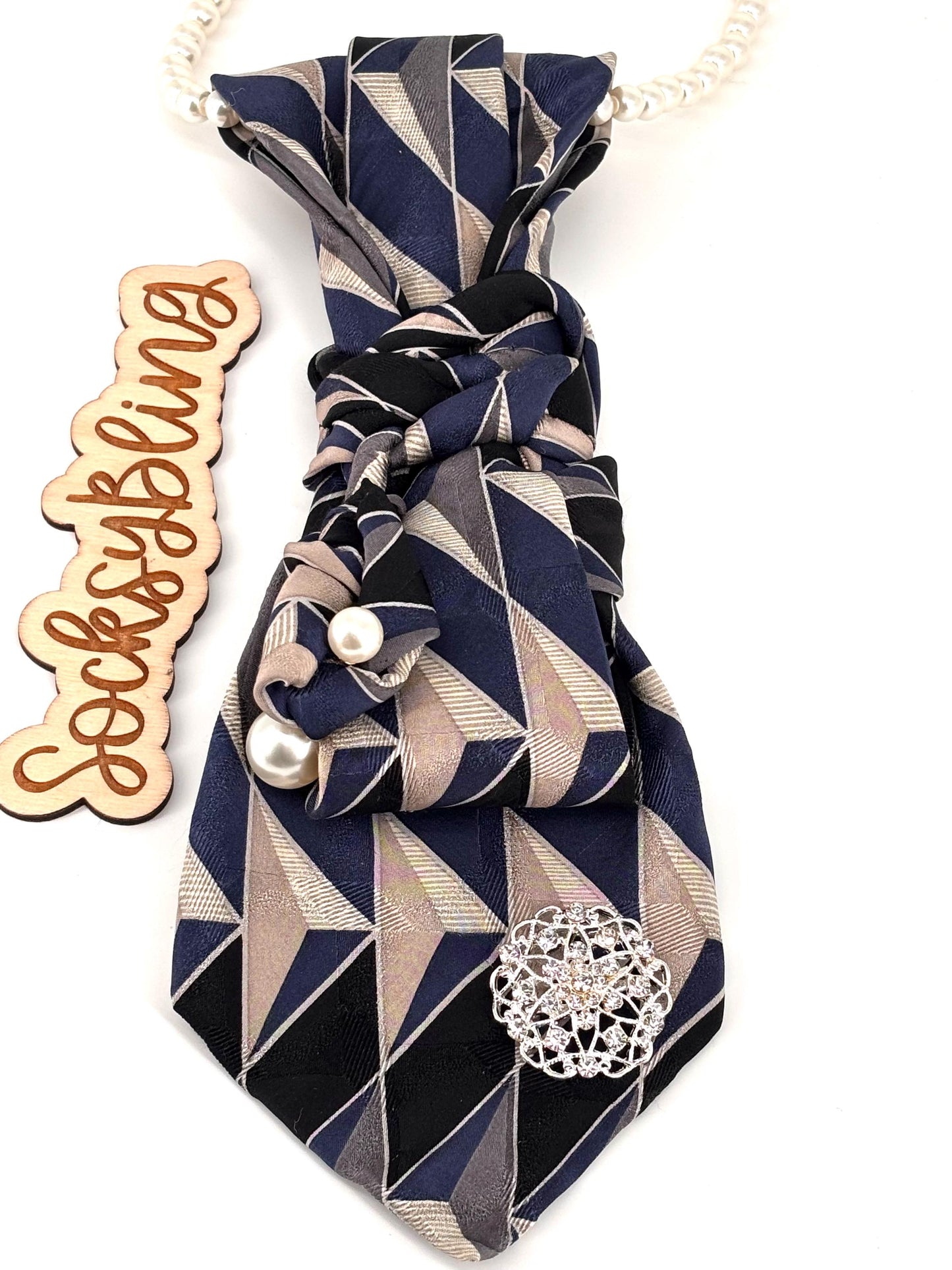 Upcycled Tie| Pearl Necklacel Accessory |Hand-Sewn Silver Brooch Tie| Necklace Necktie