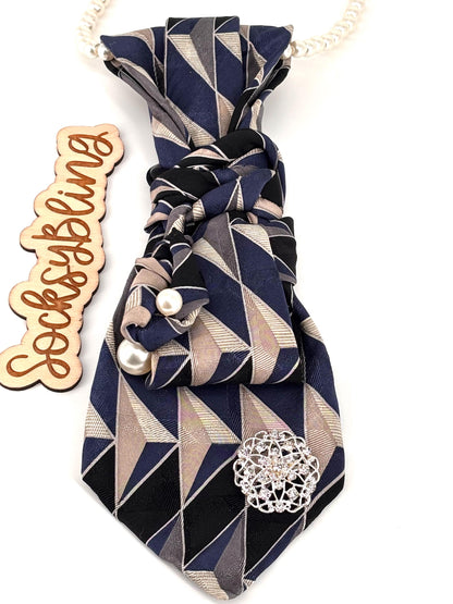 Upcycled Tie| Pearl Necklacel Accessory |Hand-Sewn Silver Brooch Tie| Necklace Necktie