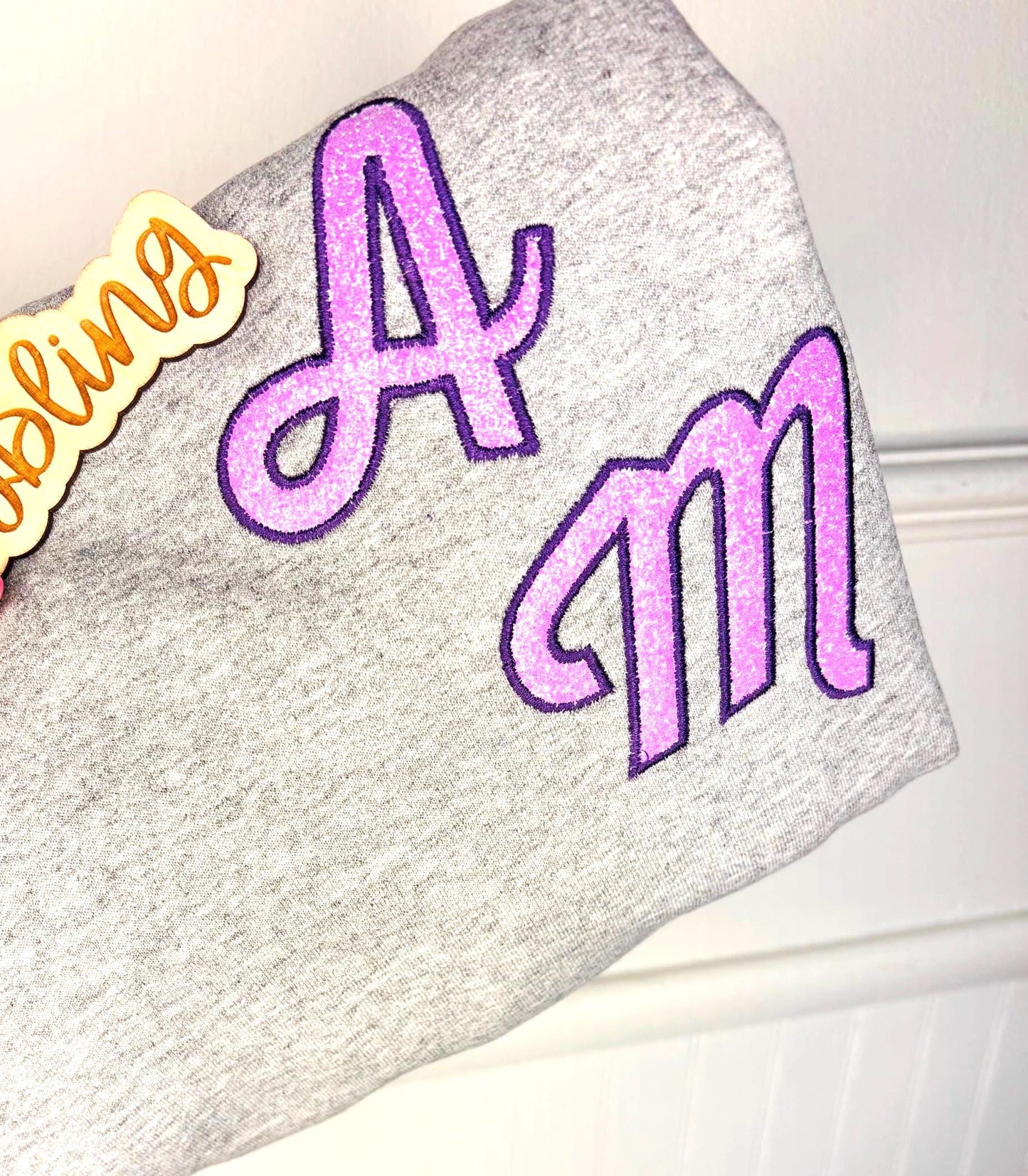 Custom Glitter Initial Sweatshirt - Hand-Stitched Satin Border - Personalized Oversized Glitter Monogram Pullover -Mixed Media Crew