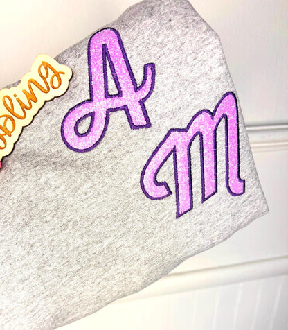 Custom Glitter Initial Sweatshirt - Hand-Stitched Satin Border - Personalized Oversized Glitter Monogram Pullover -Mixed Media Crew