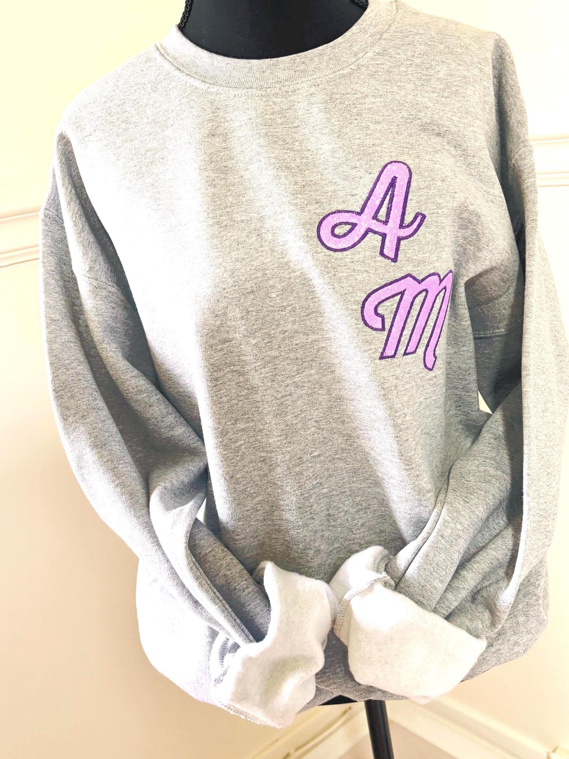 Custom Glitter Initial Sweatshirt - Hand-Stitched Satin Border - Personalized Oversized Glitter Monogram Pullover -Mixed Media Crew