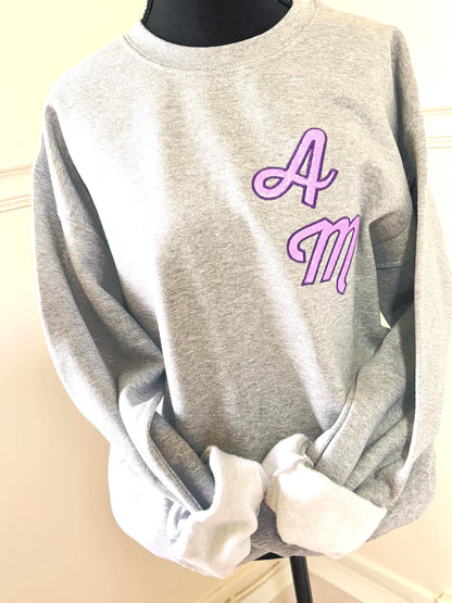 Custom Glitter Initial Sweatshirt - Hand-Stitched Satin Border - Personalized Oversized Glitter Monogram Pullover -Mixed Media Crew