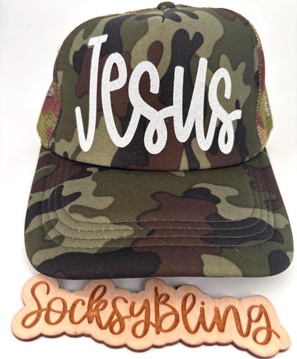 Jesus Trucker Hat | Christian Hat | Faith Hat | Camo Jesus Hat | Glitter Jesus Cap | Religious Gift