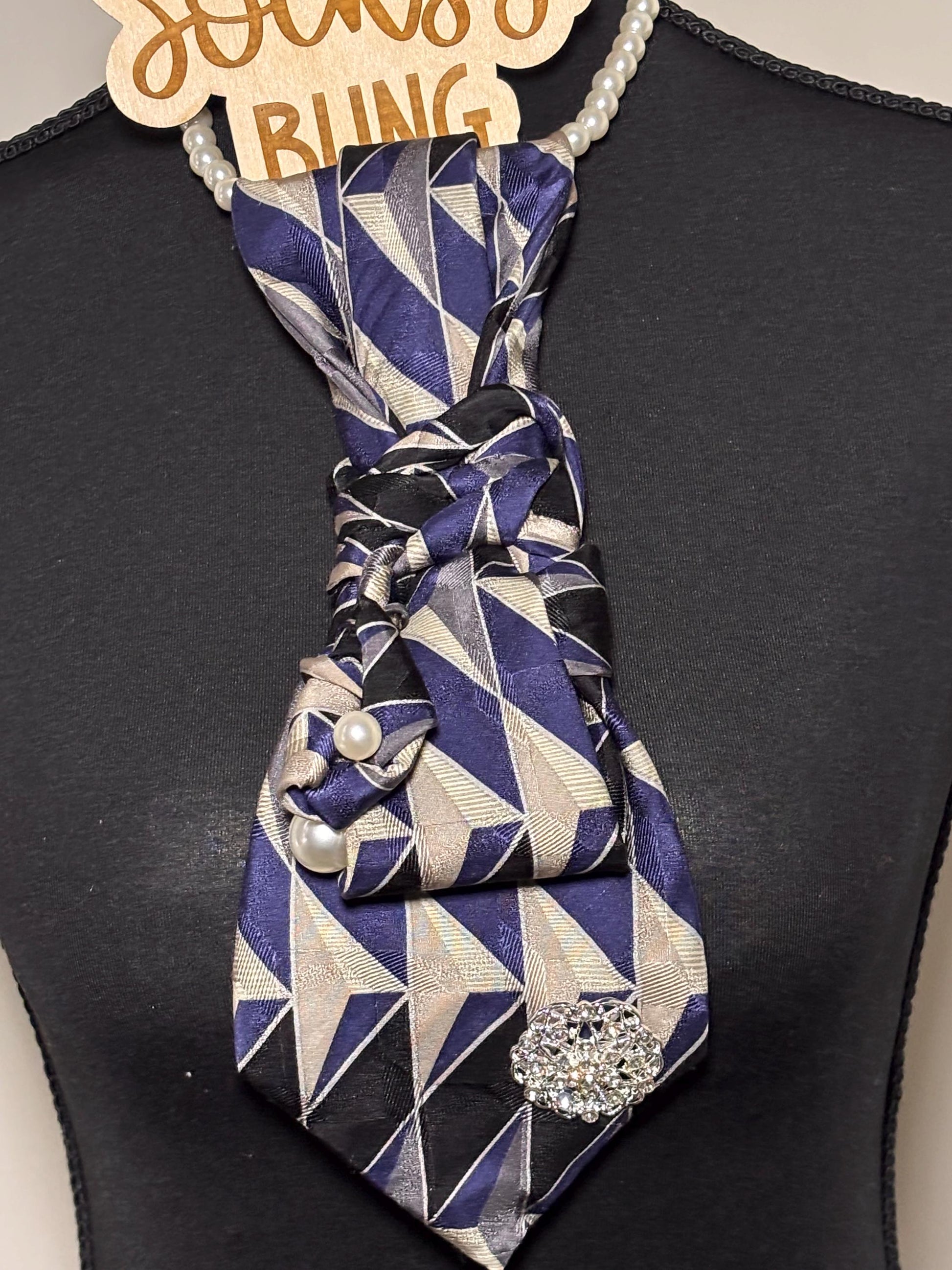 Upcycled Tie| Pearl Necklacel Accessory |Hand-Sewn Silver Brooch Tie| Necklace Necktie