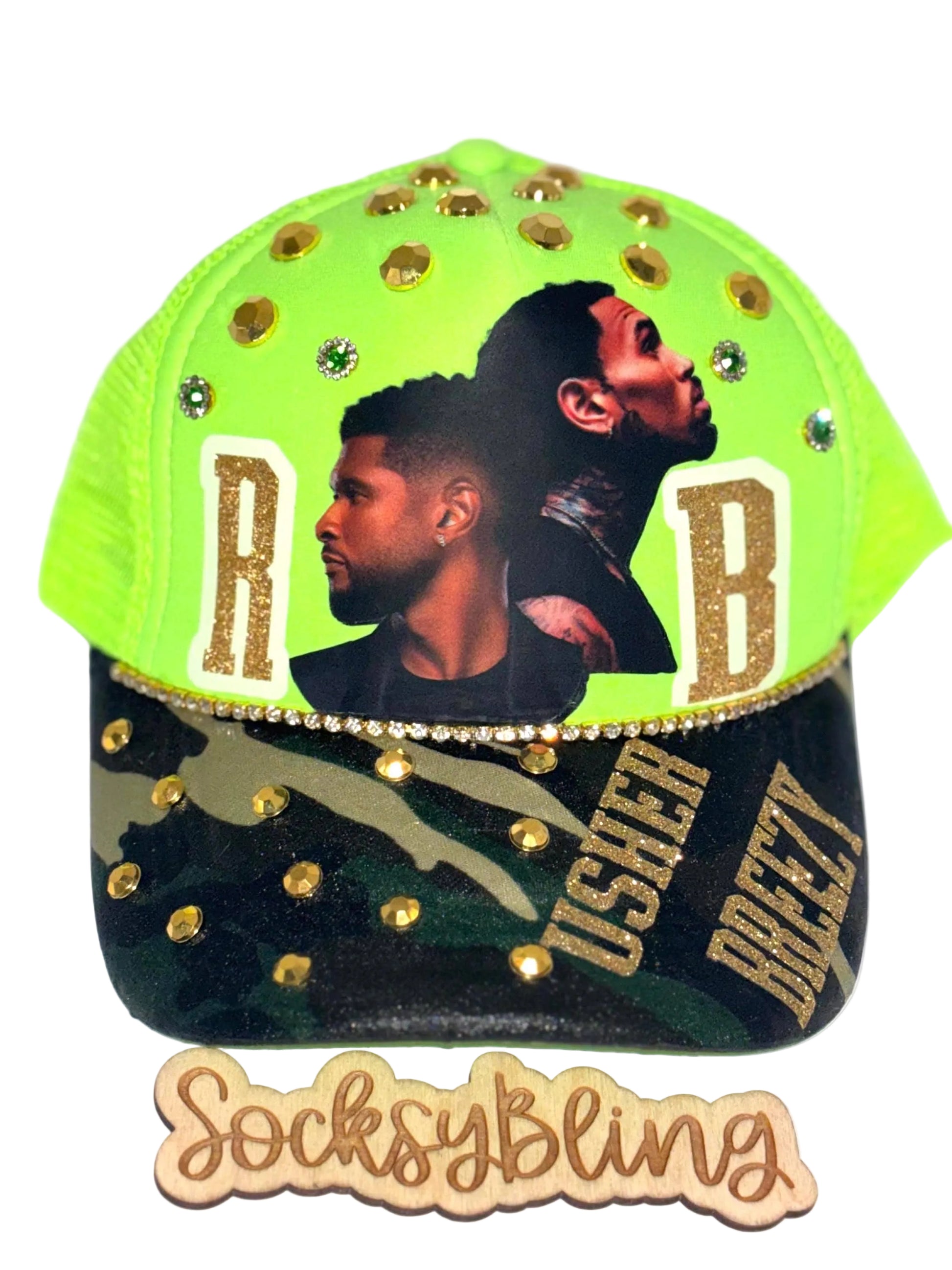 R and B Glow InThe Dark Trucker Hat – Snapback | Glam R &B Tour Cap | Handmade Concert Outfit| Camo Bandana Brim