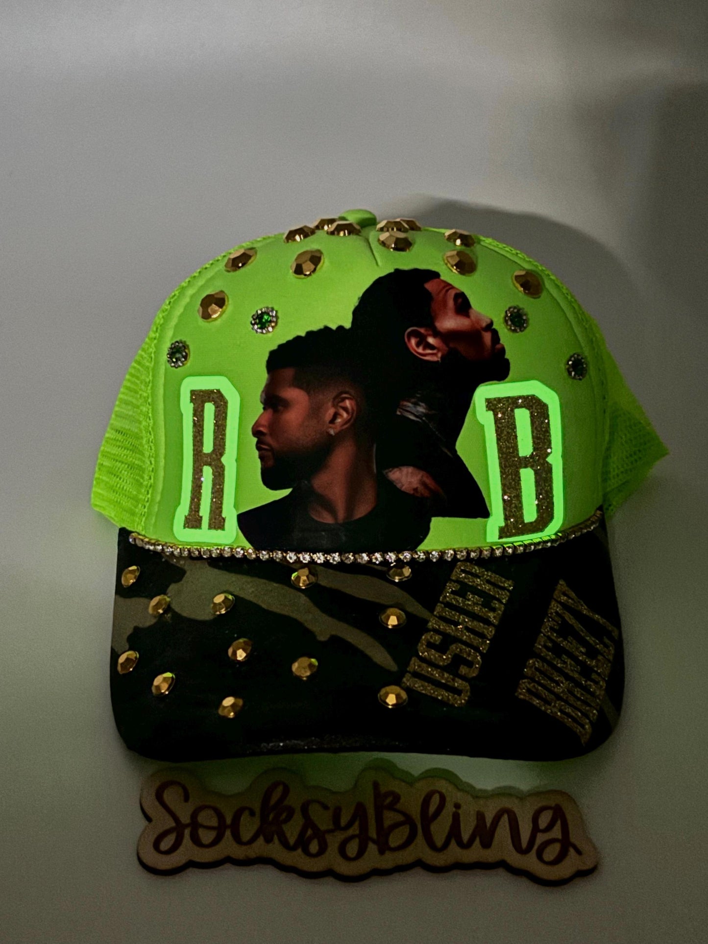 R and B Glow InThe Dark Trucker Hat – Snapback | Glam R &B Tour Cap | Handmade Concert Outfit| Camo Bandana Brim