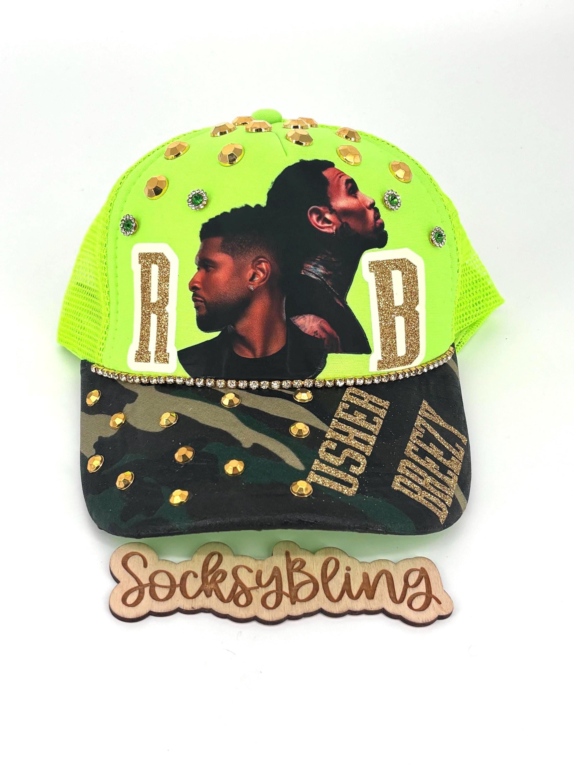 R and B Glow InThe Dark Trucker Hat – Snapback | Glam R &B Tour Cap | Handmade Concert Outfit| Camo Bandana Brim