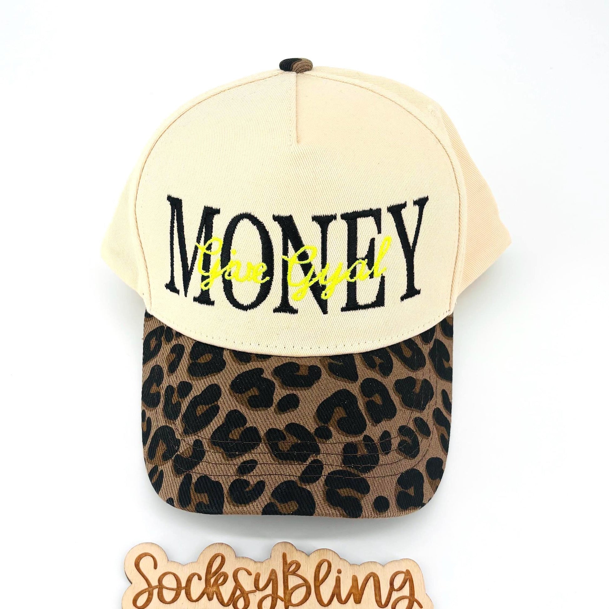 Give Gyal Money 5 Panel Hat| Embroidered Statement Hat| Leopard Brim Cap| Adjustable Snapback Hat