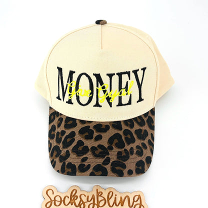 Give Gyal Money 5 Panel Hat| Embroidered Statement Hat| Leopard Brim Cap| Adjustable Snapback Hat