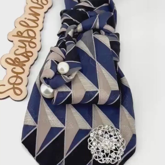 Upcycled Tie| Pearl Necklacel Accessory |Hand-Sewn Silver Brooch Tie| Necklace Necktie