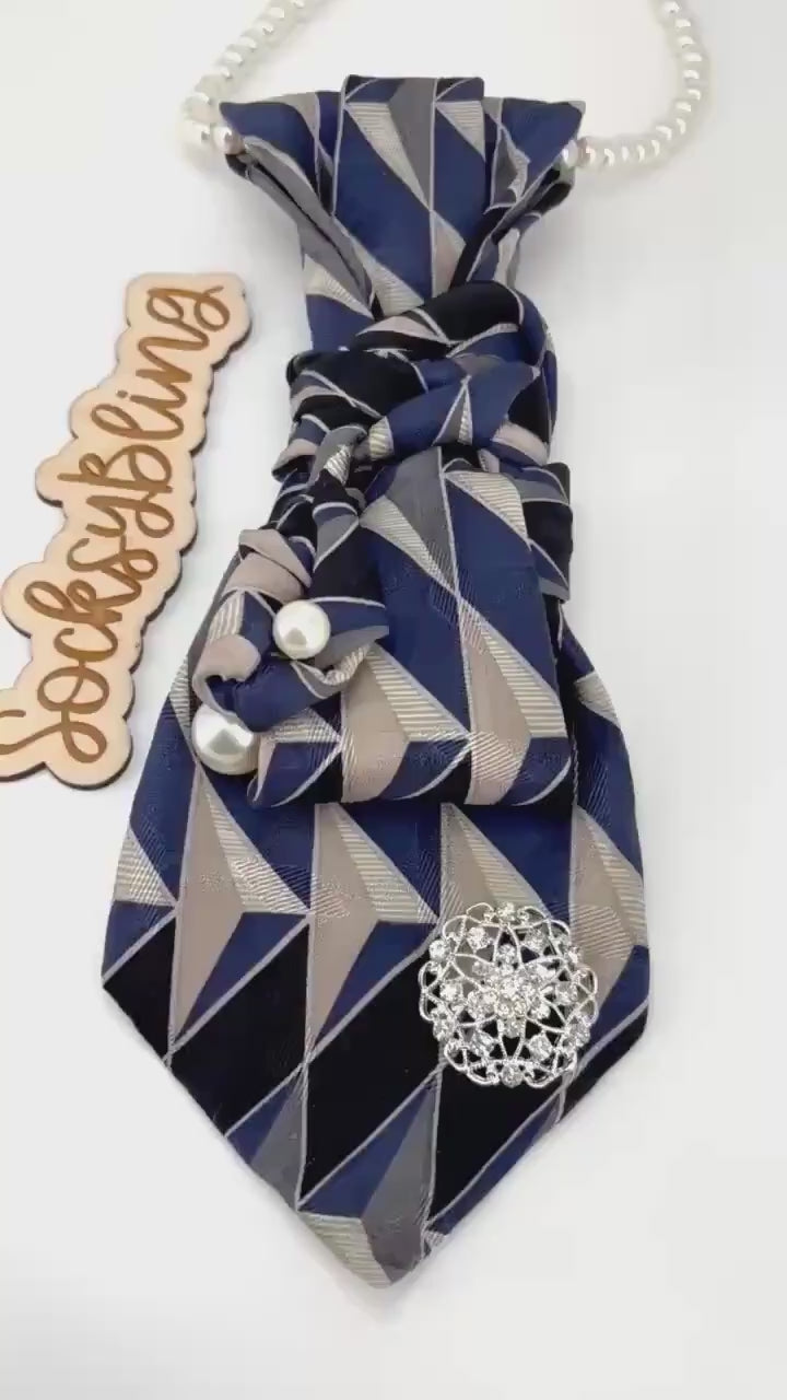 Upcycled Tie| Pearl Necklacel Accessory |Hand-Sewn Silver Brooch Tie| Necklace Necktie