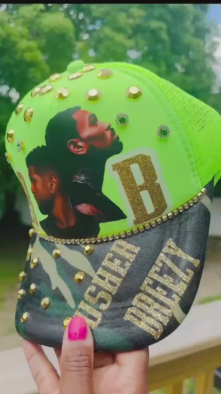 R and B Glow InThe Dark Trucker Hat – Snapback | Glam R &B Tour Cap |  Handmade  Concert Outfit| Camo Bandana Brim
